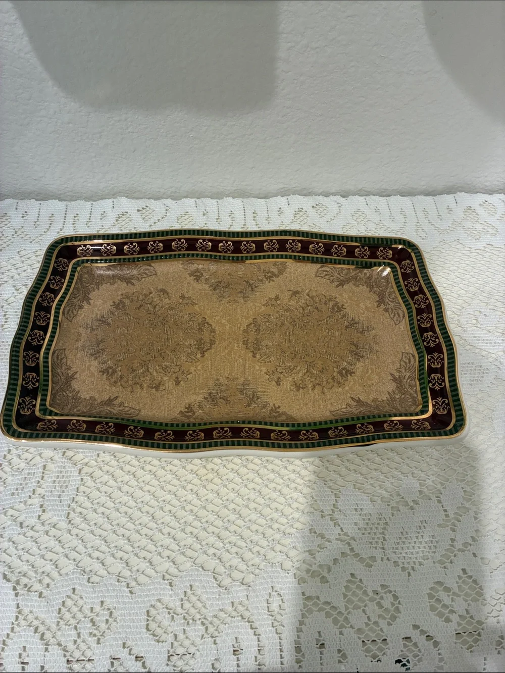Townhouse Ornate Ceramic Rectangular Vanity Tray - Gold, Green, Burgundy